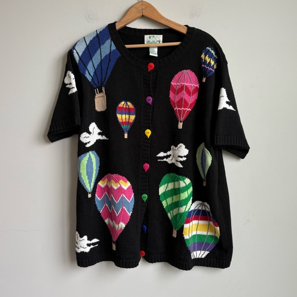 Vintage The Quaker Factory Hot Air Balloon Short Sleeve Cardigan Sweater LARGE - Picture 1 of 7